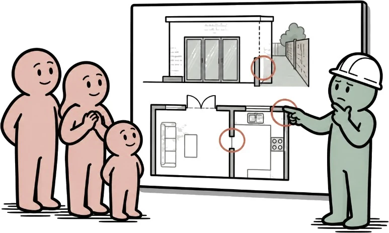 A family and a builder in a hard hat reviewing architectural plans, including a kitchen layout with red markup on the drawing
